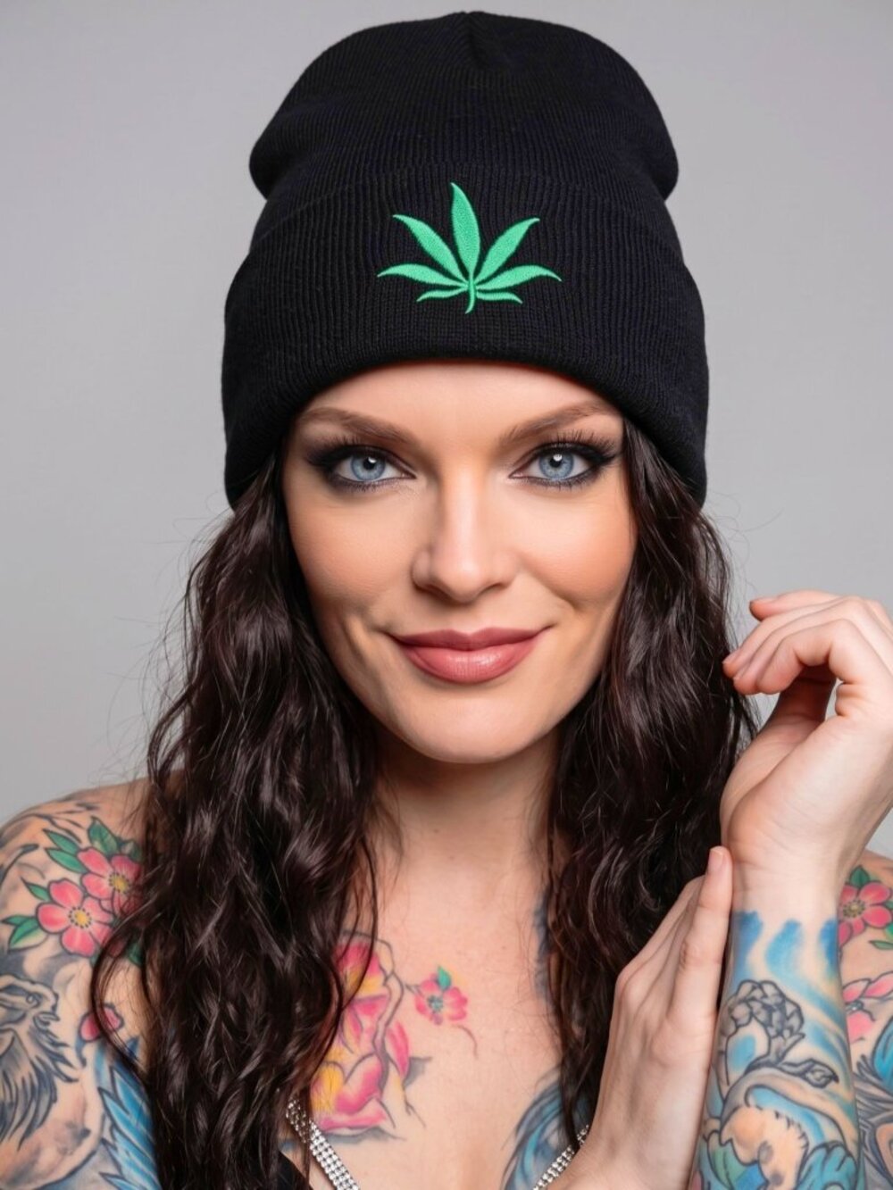Black Knit Beanie ✦ With Green Cannabis Leaf Embroidery ✦ Warm Stretch OS Unisex